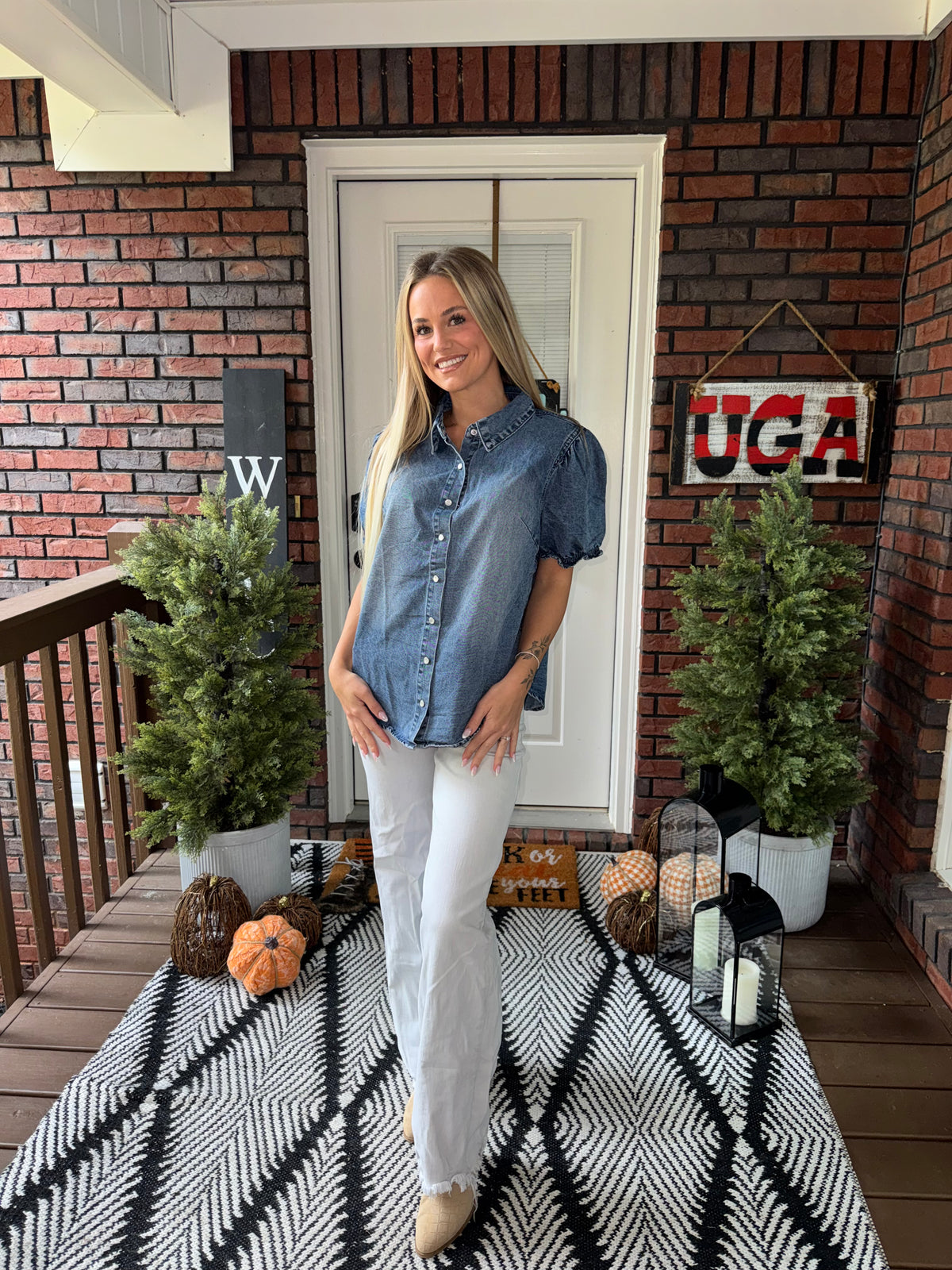 The Sadie Puff Sleeve Denim Top - Washed Blue