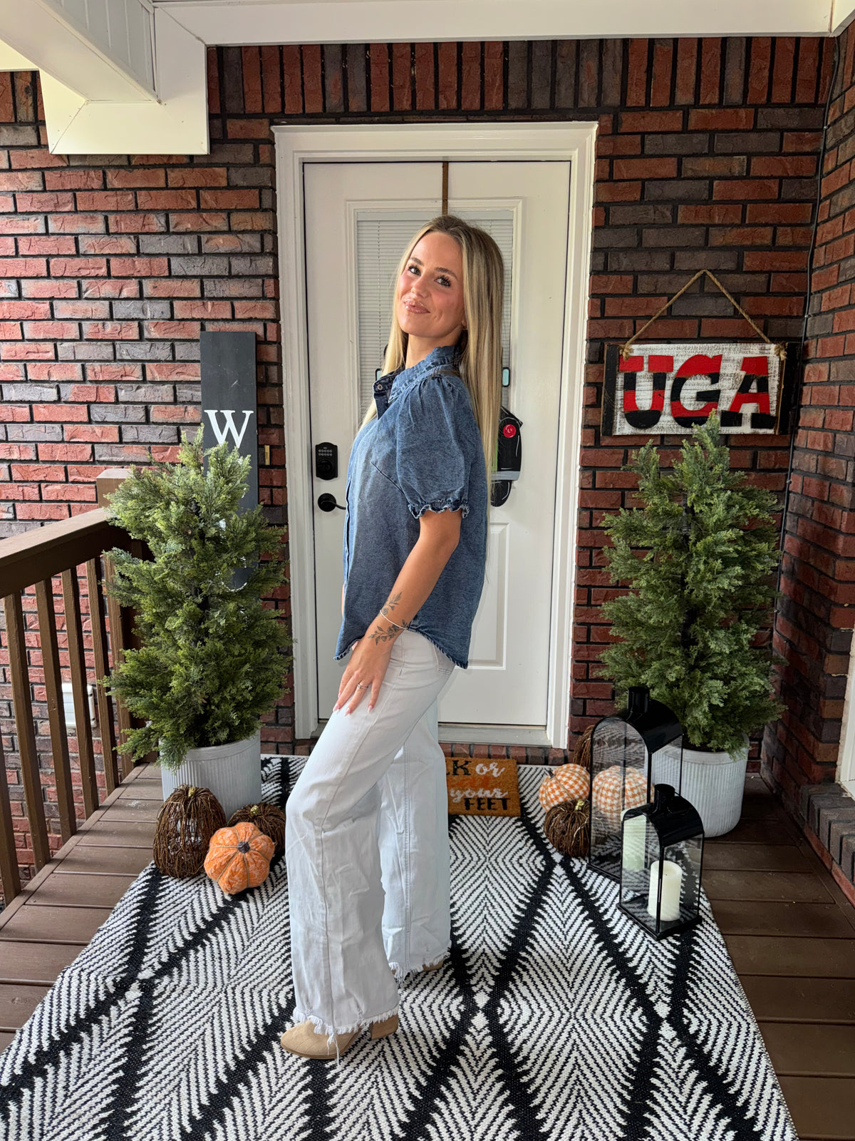 The Sadie Puff Sleeve Denim Top - Washed Blue