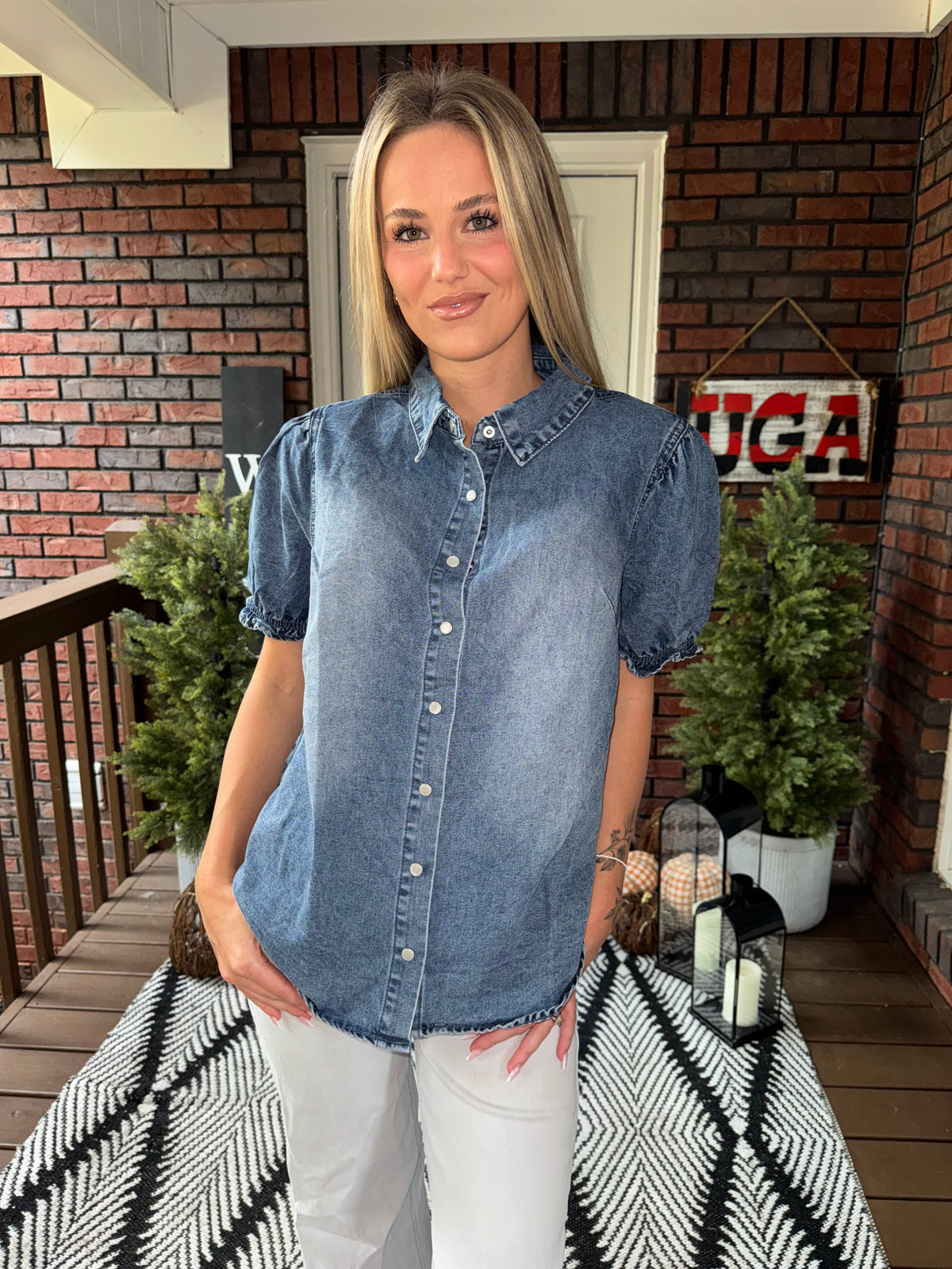 The Sadie Puff Sleeve Denim Top - Washed Blue