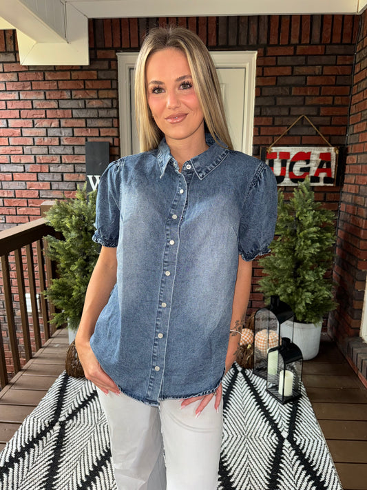 The Sadie Puff Sleeve Denim Top - Washed Blue
