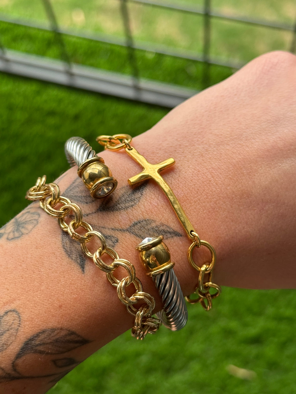 Mixed Metal Cross Chain Bracelet 